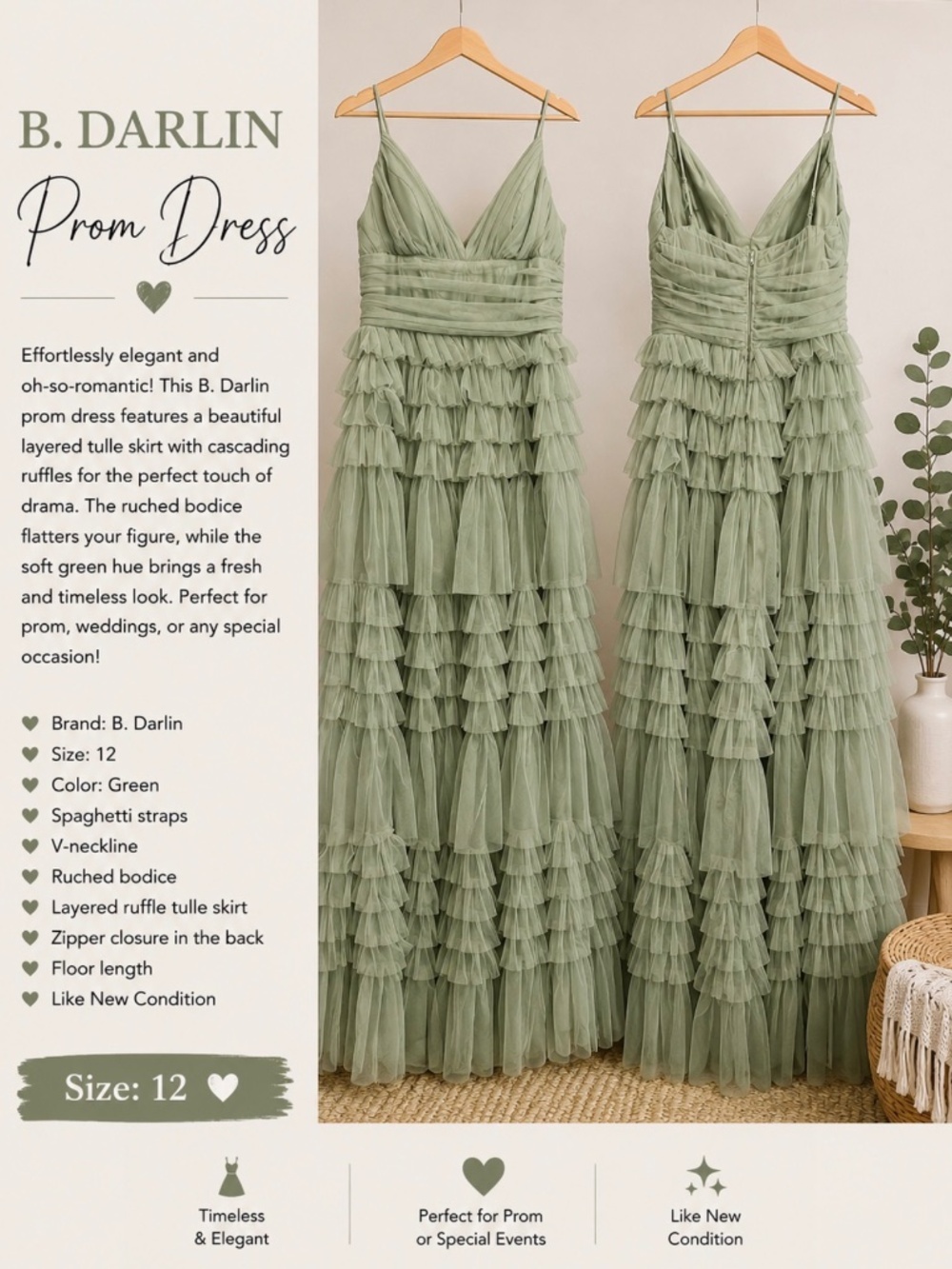 B. Darlin Sage Green Tiered Tulle Prom Dress – Size 12